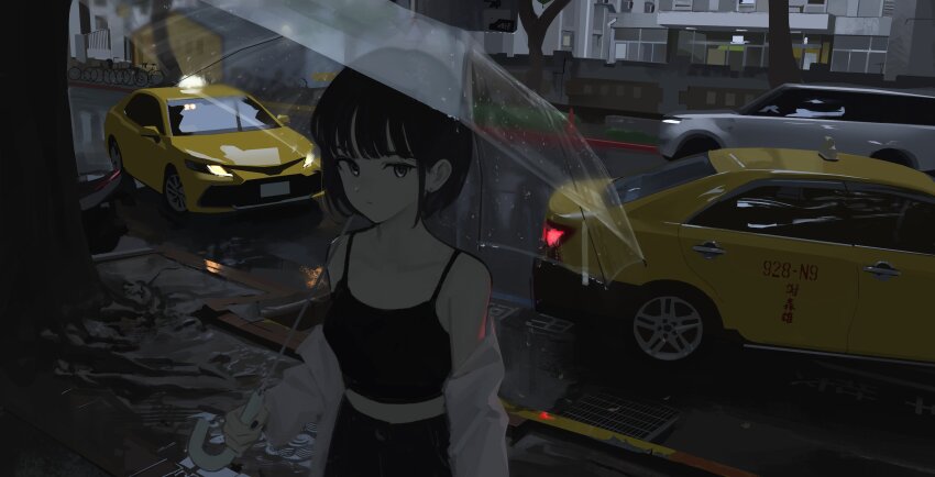 1girl :| arm_at_side bare_shoulders black_camisole black_hair black_nails black_pants bob_cut camisole car cityscape closed_mouth collarbone cowboy_shot crop_top day earrings expressionless grey_eyes highres holding holding_umbrella jacket jewelry long_bangs long_sleeves looking_at_viewer midriff motor_vehicle nail_polish off_shoulder open_clothes open_jacket original orval outdoors pants rain raised_curb road short_hair solo sports_utility_vehicle storm_drain street stud_earrings taxi transparent transparent_umbrella tree umbrella white_jacket wispy_bangs