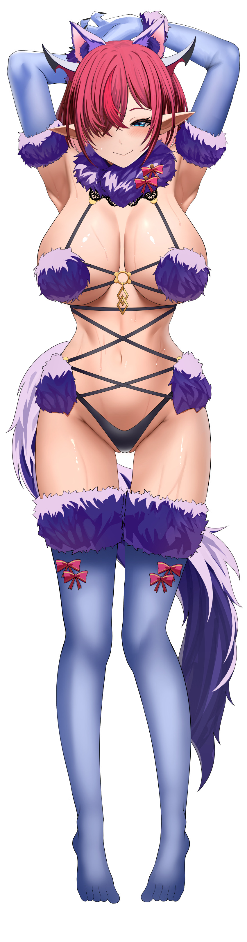 1girl absurdres animal_ears arms_behind_head blush breasts cleavage cosplay fate/grand_order fate_(series) feet full_body fur-trimmed_gloves fur-trimmed_legwear fur-trimmed_thighhighs fur_bikini fur_collar fur_trim gloves halloween_costume highres hololive hololive_english incredibly_absurdres irys_(hololive) lace lace-trimmed_thighhighs lace_trim large_breasts looking_at_viewer mash_kyrielight mash_kyrielight_(dangerous_beast) mash_kyrielight_(dangerous_beast)_(cosplay) navel pointy_ears purple_gloves purple_tail purple_thighhighs red_hair revealing_clothes short_hair si_farid simple_background smile solo tail thighhighs toes toes_visible_through_clothing virtual_youtuber white_background wolf_ears wolf_tail