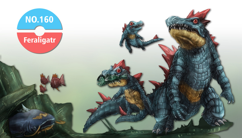 basculin basculin_(blue) chao_xiaopu crocodilian croconaw feraligatr gen_1_pokemon gen_2_pokemon gen_3_pokemon gen_5_pokemon highres magikarp nintendo photoshop_(medium) pokemon pokemon_(creature) totodile whiscash