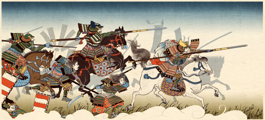 6+boys armor banner border brown_hair charging_forward chest_armor clenched_teeth closed_mouth commentary english_commentary facial_hair from_side gloves grass helmet holding holding_weapon horse multiple_boys naginata official_art polearm roland_macdonald running sashimono shoulder_armor silhouette sitting soldier spear striped teeth total_war:_shogun_2 weapon white_border yari