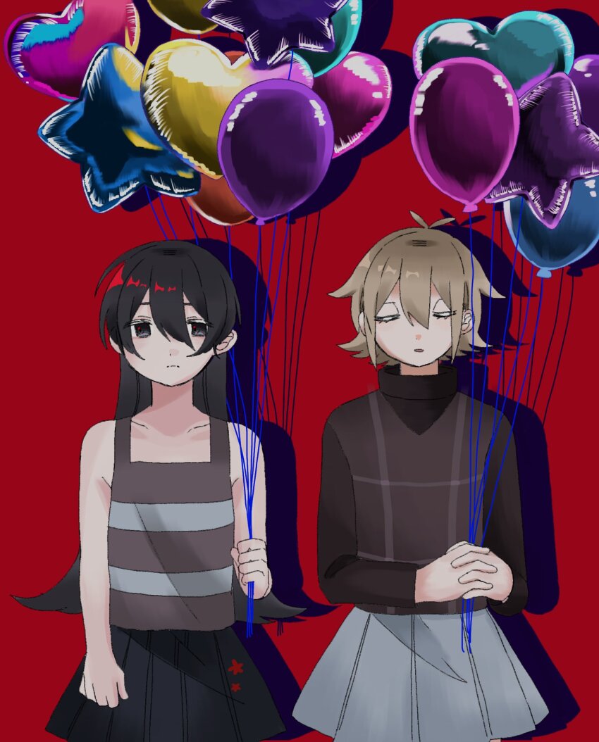 2girls balloon black_hair black_skirt blonde_hair closed_eyes glowing glowing_hair grey_skirt hair_between_eyes heart_balloon highres holding holding_balloon horizontal-striped_clothes jiaojiao light_frown long_hair multiple_girls own_hands_clasped own_hands_together plaid_clothes plaid_sweater purple_sweater purple_vest red_background shadow shimako_(yume_2kki) short_bangs short_hair simple_background skirt star_balloon striped_clothes striped_singlet striped_tank_top sweater tank_top turtleneck turtleneck_sweater urotsuki vest yume_2kki