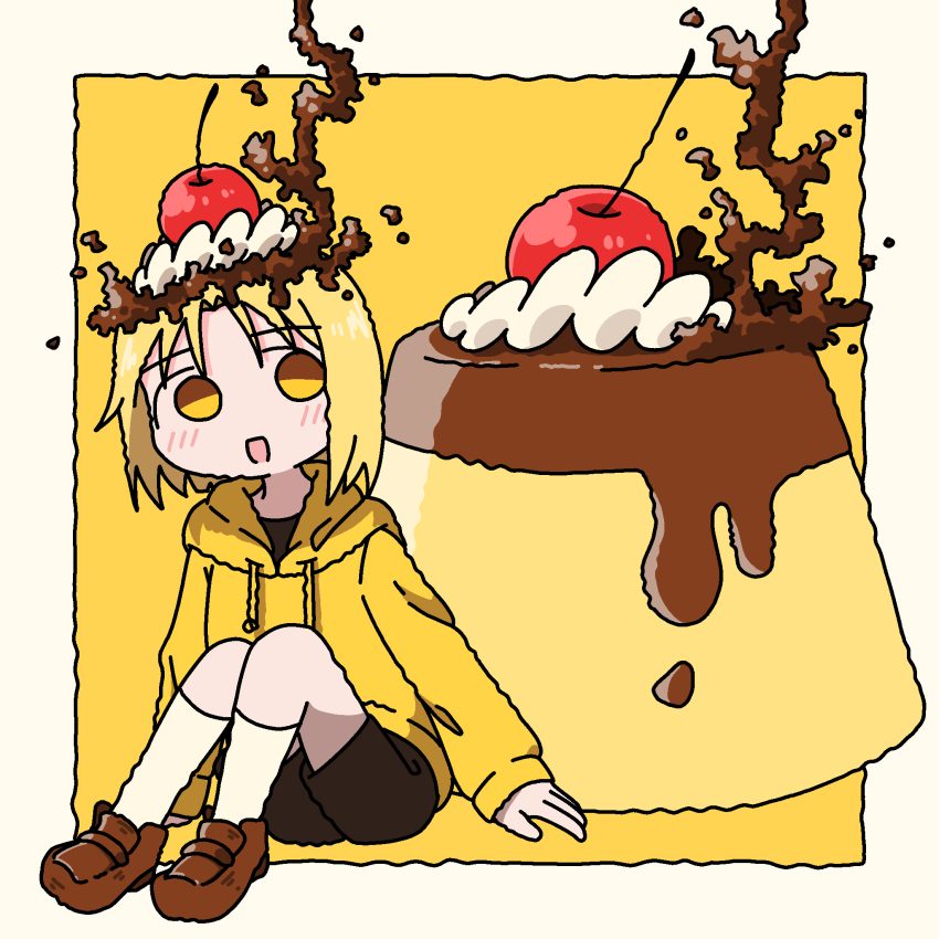 1girl blonde_hair brown_shoes brown_shorts cherry chocolate_syrup drawstring emesan_desu food food_on_head fruit highres hood hood_down hoodie loafers long_sleeves medium_hair object_on_head original outside_border pudding shoes shorts sitting socks solo whipped_cream white_socks yellow_eyes yellow_hoodie