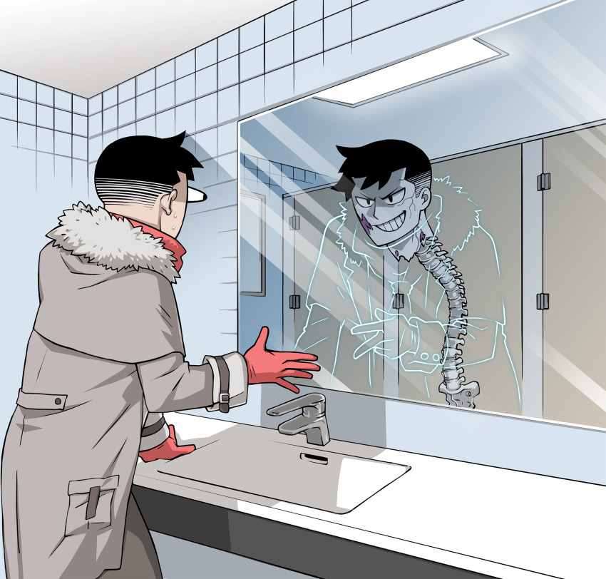 2boys bandana coat dark_persona darkest_dungeon fur_trim ghost gloves highres highwayman_(darkest_dungeon) mirror multiple_boys overcoat red_gloves reflection public_restroom scar short_hair spine time_paradox undead varamill