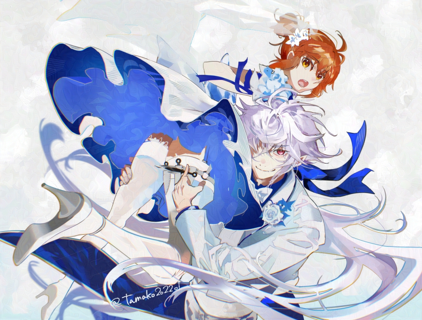 1boy 1girl ahoge carrying carrying_person dagger dress fate/grand_order fate_(series) flower fujimaru_ritsuka_(female) hair_bun hanako_(onikutabetaiyo) hand_on_another&#039;s_thigh hetero high_heels holding holding_dagger holding_knife holding_weapon knife merlin_(fate) open_mouth orange_eyes orange_hair purple_eyes rose shirt skirt thighhighs twitter_username weapon wedding_dress wedding_suit white_flower white_hair white_rose white_shirt white_thighhighs