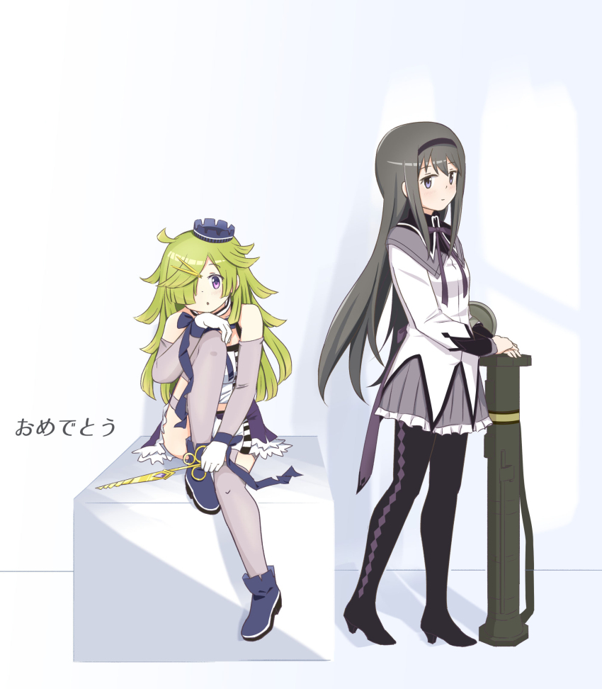 2girls akemi_homura akemi_homura_(magical_girl) aki_mabayu black_hair fgm-148_javelin full_body green_eyes headband highres kishimen_hair knee_up long_hair looking_at_viewer magia_record:_mahou_shoujo_madoka_magica_gaiden magical_girl mahou_shoujo_madoka_magica multiple_girls purple_eyes rocket_launcher selistella sitting sleeveless very_long_hair weapon