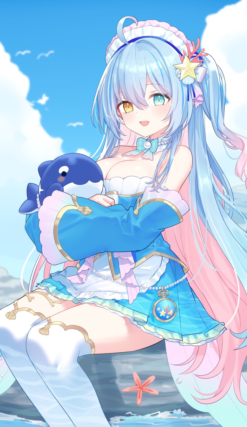 1girl :d absurdres ahoge aoi_minato_(vtuber) apron bare_shoulders blue_dress blue_eyes blue_hair blue_sleeves blush bow bowtie breasts cleavage cloud colored_inner_hair commentary commission coral_hair_ornament day detached_sleeves dress foot_out_of_frame frilled_apron frills green_bow green_bowtie hair_between_eyes hair_ornament heterochromia highres hiraga_matsuri large_breasts long_hair looking_at_viewer luminaria_pro maid_headdress multicolored_hair one_side_up open_mouth outdoors over-kneehighs pink_hair sitting skeb_commission smile solo star_(symbol) star_hair_ornament strapless strapless_dress thighhighs two-tone_hair virtual_youtuber white_apron white_thighhighs yellow_eyes