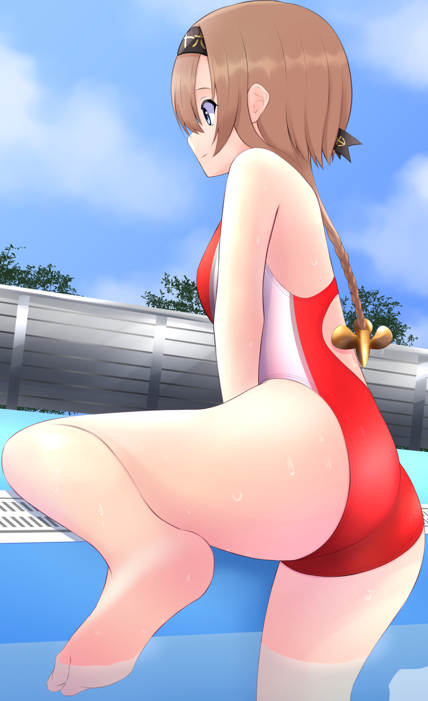 1girl absurdres ass back black_headband braid breasts clothes_writing competition_swimsuit day fence grey_eyes hachimaki hair_ornament hairband headband highleg highleg_one-piece_swimsuit highres kantai_collection light_brown_hair long_hair looking_away nokonoko one-piece_swimsuit outdoors partially_submerged pool poolside propeller_hair_ornament red_one-piece_swimsuit solo swimsuit teruzuki_(kancolle) twin_braids water wet wet_clothes wet_swimsuit