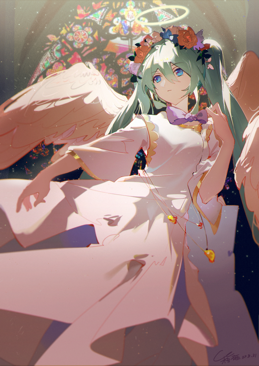 1girl angel angel_wings blue_eyes blurry blurry_background bow breasts brown_flower closed_mouth commentary_request dated depth_of_field dress feathered_wings flower green_hair hair_between_eyes hair_flower hair_ornament hako_(misheyes) halo hand_up hatsune_miku highres long_hair long_sleeves looking_away looking_to_the_side purple_bow purple_flower signature small_breasts solo stained_glass twintails very_long_hair vocaloid white_dress white_wings wide_sleeves wings