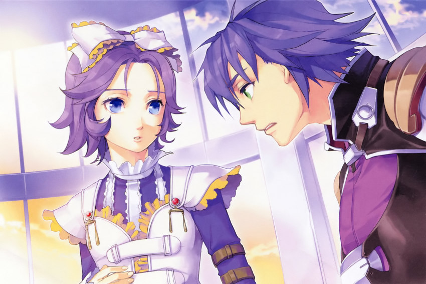 arado_balanga banpresto blue_eyes bow dress frills goth_fashion green_eyes hair_bow highres latune_subbota purple_hair ribbon short_hair super_robot_wars super_robot_wars_original_generation wide_sleeves yuikawa_kazuno
