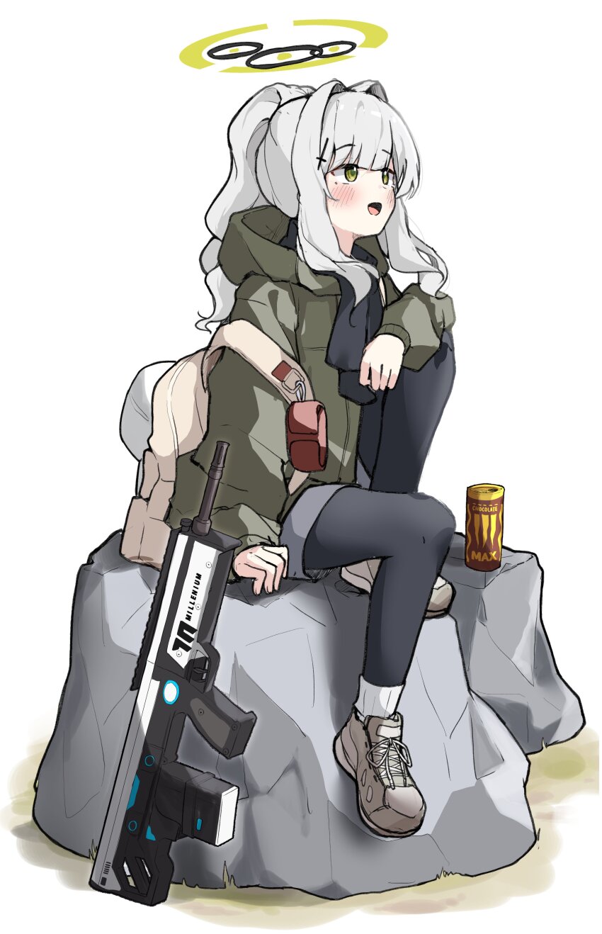 1girl absurdres backpack bag baseball_cap battle_rifle black_scarf blue_archive blush bullpup can commentary_request cross_hair_ornament energy_drink green_eyes green_halo green_jacket grey_shoes grey_shorts gun hair_ornament halo hare_(blue_archive) hare_(camp)_(blue_archive) hat highres jacket kel-tec_rfb monster_energy mureniii official_alternate_costume open_mouth pantyhose ponytail rifle rock scarf shoes shorts sitting solo unworn_hat unworn_headwear weapon white_background white_hat