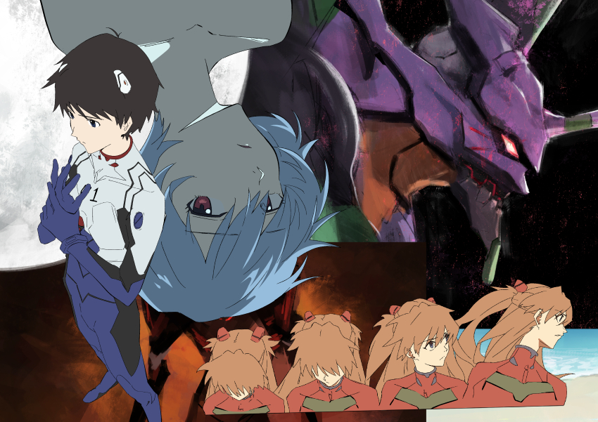 1boy 2girls 7ife absurdres ayanami_rei blue_hair bodysuit commentary english_commentary eva_01 evangelion_(mecha) highres ikari_shinji interface_headset_(evangelion) mecha_pilot_suit moon multiple_girls neon_genesis_evangelion plugsuit_(evangelion) red_bodysuit science_fiction short_hair souryuu_asuka_langley