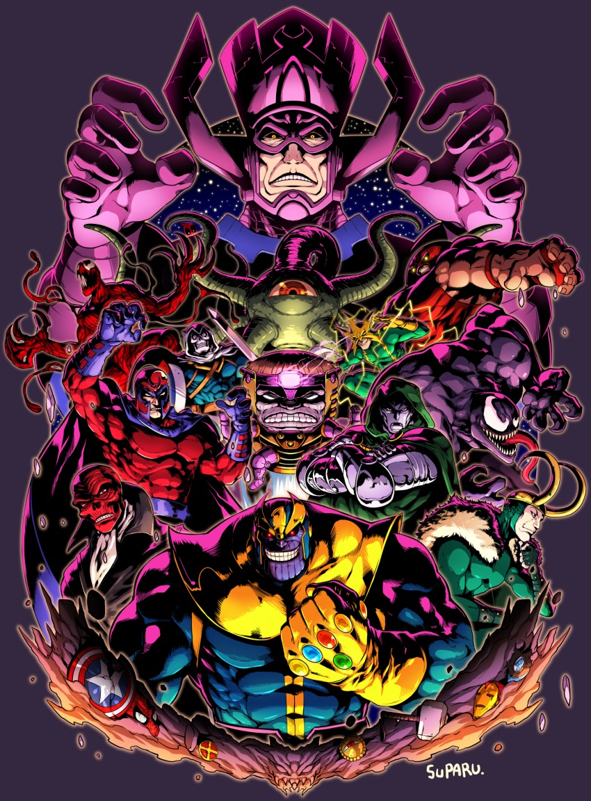 6+boys abs armor artist_name avengers_(series) badge black_sclera bodysuit cape captain_america_(series) carnage_(marvel) claws clenched_hand clenched_teeth coat colored_sclera colored_skin crossed_arms deadpool deadpool_(series) doctor_doom electricity electro_(spider-man) evil_grin evil_smile eye_of_agamotto fantastic_four fingerless_gloves frown galactus gloves grin hammer hand_on_own_chin helmet highres hood infinity_gauntlet juggernaut_(x-men) loki_(marvel) long_tongue magneto male_focus marvel mask mjolnir_(marvel) modok monster multiple_boys muscular purple_gloves purple_skin red_eyes red_skin red_skull sharp_teeth shield shuma_gorath signature skin_tight smile spider-man_(series) star_(symbol) suparu_(detteiu) sword taskmaster teeth tentacles thanos tongue tongue_out venom_(marvel) weapon x-men yellow_eyes yellow_gloves