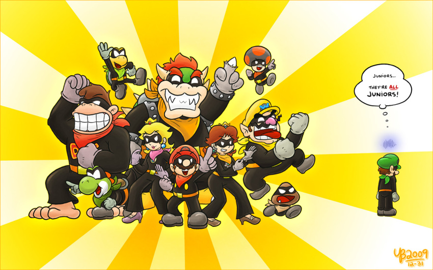 2girls 6+boys annoyed bowser donkey_kong donkey_kong_(series) english_text eye_mask goomba grin handkerchief koopa koopa_troopa luigi mario mario_(series) mask mr._l multiple_boys multiple_girls nintendo paper_mario princess_daisy princess_peach similar_clothes smile speech_bubble super_paper_mario thebourgyman toad_(mario) wario yoshi