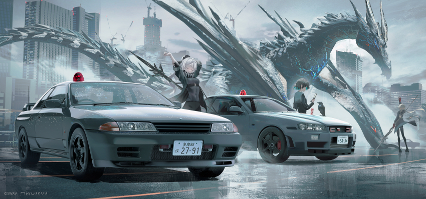 3girls bird black_hair blue_hair breasts camera_phone car cellphone city closed_eyes colored_inner_hair dragon flip_phone grey_hair highres long_hair medium_breasts motor_vehicle multicolored_hair multiple_girls nissan nissan_skyline nissan_skyline_gt-r nissan_skyline_r32 nissan_skyline_r34 original outdoors phone short_hair stretching swav two-tone_hair unmarked_police_car