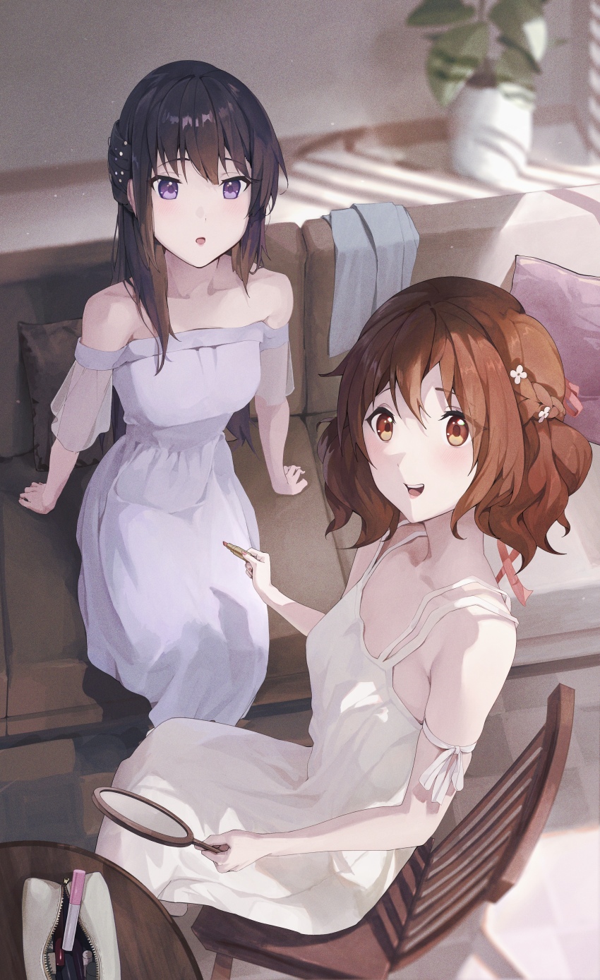 2girls :d :o absurdres bare_shoulders black_hair breasts brown_eyes brown_hair chair collarbone cosmetics couch cushion dress hand_mirror hibike!_euphonium highres holding holding_lipstick_tube holding_mirror indoors kousaka_reina lie_lack1080 lipstick_tube long_hair looking_at_viewer makeup mirror multiple_girls open_mouth oumae_kumiko plant potted_plant purple_eyes short_hair sitting smile white_dress