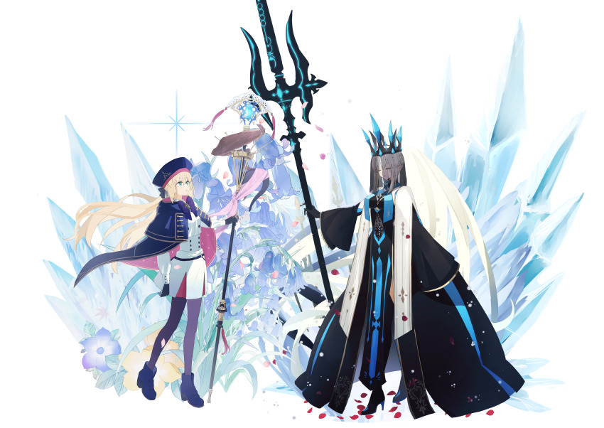 2girls absurdres artoria_caster_(fate) artoria_caster_(second_ascension)_(fate) artoria_pendragon_(fate) black_dress black_gloves blonde_hair closed_eyes crown dress fate/grand_order fate_(series) full_body gloves green_eyes hat high_heels highres holding holding_polearm holding_staff holding_weapon long_hair long_sleeves morgan_le_fay_(fate) morgan_le_fay_(queen_of_winter)_(fate) multiple_girls ninjin_(ne_f_g_o) polearm ponytail simple_background spear staff staff_of_selection_(fate) standing veil very_long_hair weapon white_hair