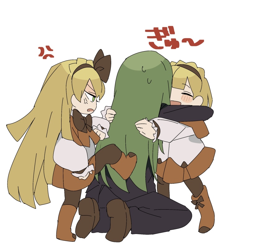 1girl 2boys anger_vein angry black_jacket black_pants blonde_hair blush boots bow bowtie brown_bow brown_bowtie brown_capelet brown_footwear brown_hairband brown_pantyhose brown_skirt capelet footwear_bow formal_clothes green_eyes green_hair hairband happy height_difference highres jacket kicking knee_boots kneeling lobotomy_corporation long_hair long_sleeves miniskirt mu46016419 multiple_boys netzach_(project_moon) pants pantyhose project_moon puffy_long_sleeves puffy_sleeves seiza shirt short_hair simple_background sitting skirt straight_hair suit tiphereth_a_(project_moon) tiphereth_b_(project_moon) trap untucked_shirt white_background white_shirt