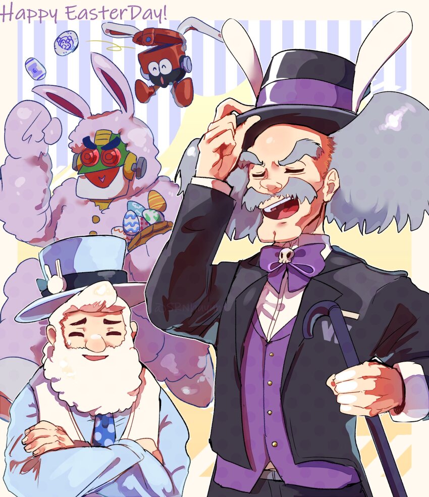 3boys animal_costume animal_ears auto_(mega_man) beard black_hat black_jacket blue_hat blue_shirt dr._light_(mega_man) dr._wily_(mega_man) easter eddie_(mega_man) facial_hair grey_hair hat highres jacket male_focus mega_man_(classic) mega_man_(series) multiple_boys mustache purple_vest rabbit_costume rabbit_ears robot shirt srnhuyuno top_hat vest white_hair white_shirt white_vest