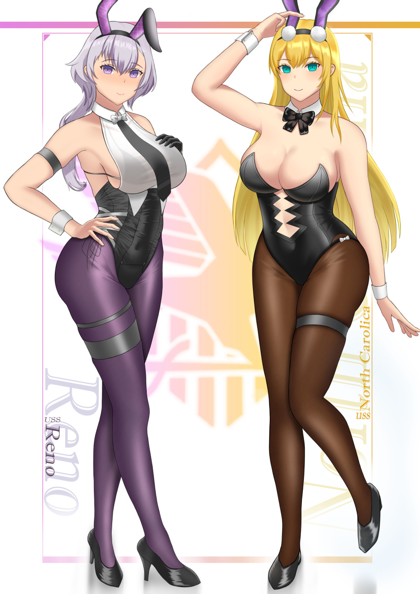 2girls absurdres animal_ears azur_lane black_bow black_bowtie black_footwear black_leotard black_necktie blonde_hair blue_eyes bow bowtie breasts brown_pantyhose character_name cleavage cuff_links detached_collar eagle_union_(emblem) elbow_gloves fake_animal_ears full_body gloves high_heels highres khanld193 large_breasts leotard leotard_under_clothes light_purple_hair long_hair looking_at_viewer multiple_girls necktie north_carolina_(azur_lane) north_carolina_(the_heart&#039;s_desire)_(azur_lane) official_alternate_costume pantyhose playboy_bunny purple_eyes purple_pantyhose rabbit_ears reno_(azur_lane) reno_(reno_bunnino)_(azur_lane) see-through_clothes see-through_shirt shoes simple_background single_elbow_glove strapless strapless_leotard thigh_strap white_bow white_bowtie wrist_cuffs