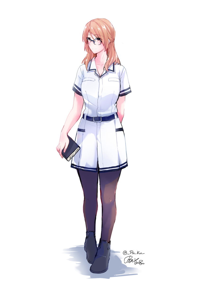 1girl black-framed_eyewear black_pantyhose book brown_eyes brown_hair female_admiral_(kancolle) full_body glasses highres holding holding_book kantai_collection long_hair pantyhose pin.s short_sleeves skirt solo standing white_skirt