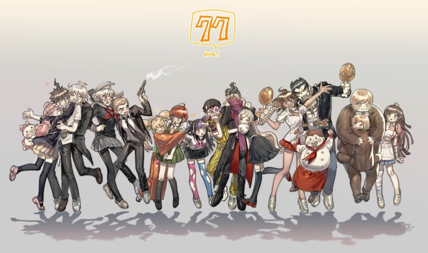 &gt;_&lt; 6+boys 6+girls ahoge apron backpack bad_id bad_twitter_id bag black_bow black_hair black_headwear black_jacket black_legwear black_pants blonde_hair blue_hair blush blush_stickers boots bow braid breasts brown_hair brown_jacket brown_pants buttons cat_hair_ornament chain chef chef_hat cleavage closed_eyes covering_own_mouth danganronpa_(series) danganronpa_2:_goodbye_despair dark_skin double-breasted dress ear_piercing everyone fangs fat fat_man flipped_hair formal_clothes freckles full_body glasses gloves green_eyes green_neckwear gun hair_bow hair_ornament hamster hanamura_teruteru hat heart highres hinata_hajime holding holding_gun holding_weapon hood hug jacket japanese_clothes jumping kimono koizumi_mahiru komaeda_nagito kuzuryu_fuyuhiko large_breasts lip_piercing long_hair long_sleeves looking_at_another looking_at_viewer medium_hair miniskirt mioda_ibuki mitarai_ryota monomi_(danganronpa) multicolored_hair multiple_boys multiple_girls nanami_chiaki necktie nidai_nekomaru nurse obi open_clothes open_jacket open_mouth owari_akane pants pantyhose pekoyama_peko pekupe_(p_krr) piercing pinafore_dress pink_eyes pink_hair pink_shoes plaid_clothes plaid_neckwear pleated_skirt ponytail purple_scarf red_apron red_eyes red_hair red_skirt ribbon sailor_collar saionji_hiyoko sash scarf school_uniform serafuku shadow shirt shoes short_hair short_sleeves skirt sleeveless sleeveless_dress smile soda_kazuichi sonia_nevermind standing suit tanaka_gundham thighhighs togami_byakuya_(danganronpa_2) tsumiki_mikan twin_braids twintails very_short_hair waist_apron weapon white_hair zettai_ryouiki