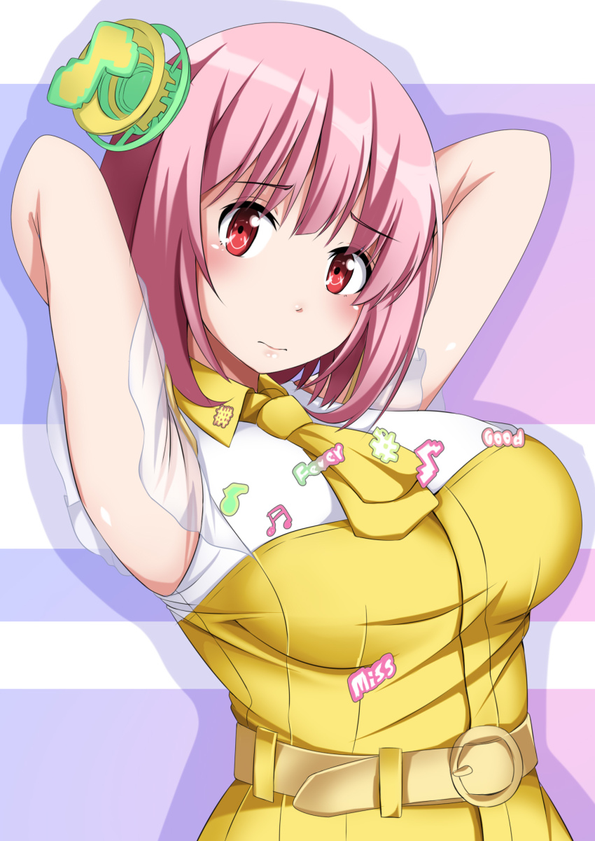 1girl armpits arms_behind_head arms_up belt breasts commentary hair_ornament highres kamen_rider kamen_rider_ex-aid_(series) large_breasts looking_at_viewer musical_note necktie pandacross pink_hair poppi_pipopapo red_eyes short_hair solo