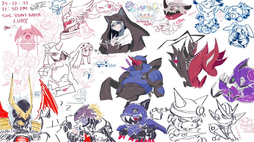 abbadomon_core armor beelzebumon cockatrimon digimon digimon_(creature) gatchmon hackmon_(appmon) hackmon_(digimon) heart highres holy_ring horns impmon jupitermon muscular muscular_male navimon_(appmon) ninja owada_rui patamon plutomon red_eyes sistermon_blanc snatchmon tailmon ukkomon ulforcev-dramon wormmon