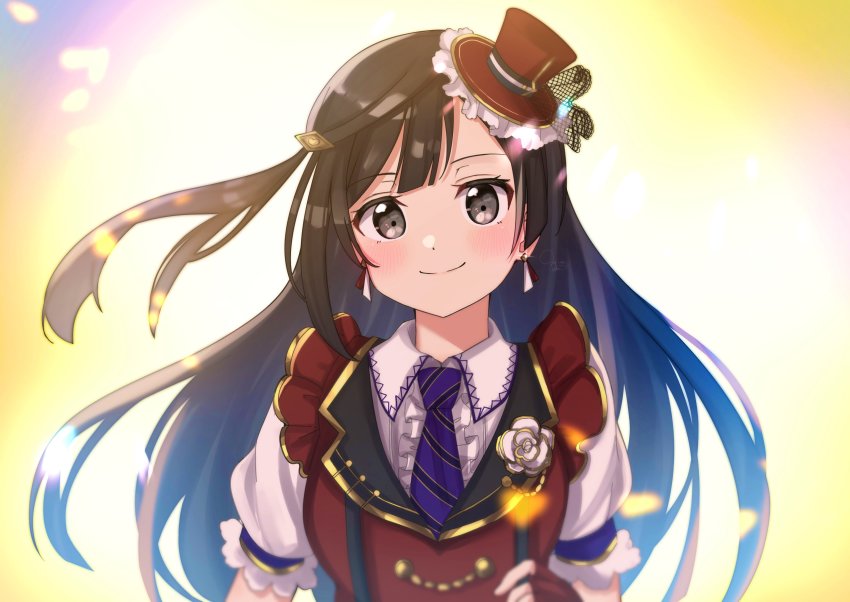 1girl absurdres black_eyes black_hair black_necktie blush center_frills chase!_(love_live!) closed_mouth collared_shirt commentary diagonal_bangs earrings english_commentary frilled_shirt frilled_vest frills grey_eyes hat highres jewelry long_hair looking_at_viewer love_live! love_live!_nijigasaki_high_school_idol_club mini_hat mini_top_hat necktie nyako_(utaneko31) one_side_up puffy_short_sleeves puffy_sleeves red_hat red_vest shirt short_sleeves smile solo swept_bangs tilted_headwear top_hat upper_body vest white_shirt yuki_setsuna