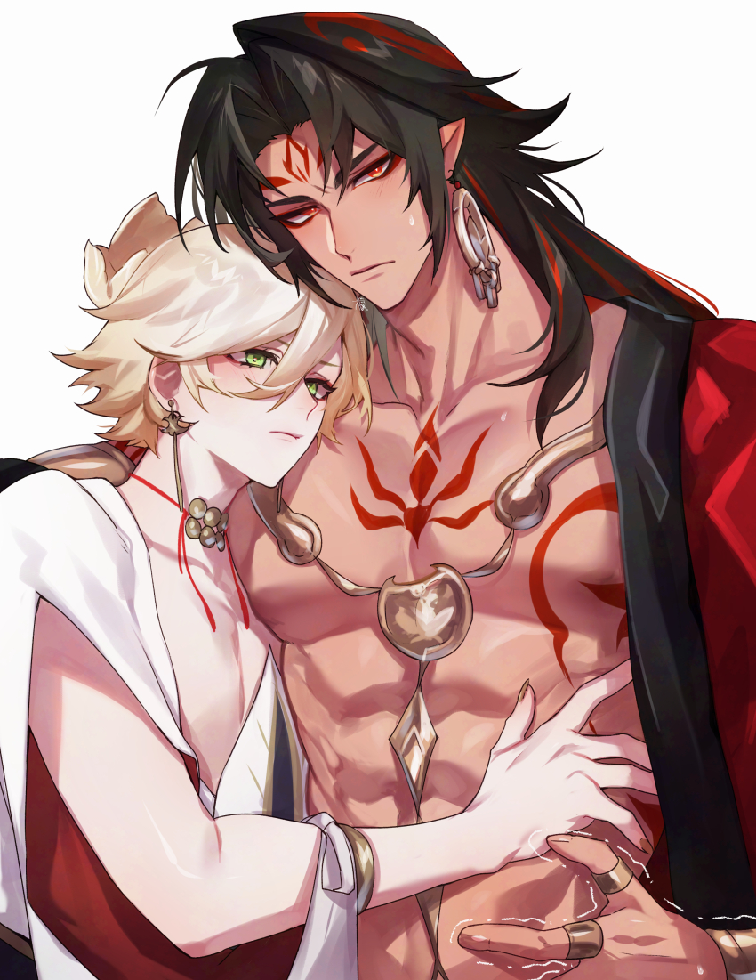 2boys abs absurdres asura_(onmyoji) bishounen black_hair blonde_hair chest_tattoo closed_mouth commentary earrings eyeliner facial_mark fingernails green_eyes height highres hug jewelry konsai_2 light_blush long_hair makeup male_focus multicolored_hair multiple_boys onmyoji pectorals red_eyeliner red_eyes red_hair red_tattoo sharp_fingernails short_hair simple_background streaked_hair symbol-only_commentary taishakuten_(onmyoji) tattoo upper_body white_background yaoi