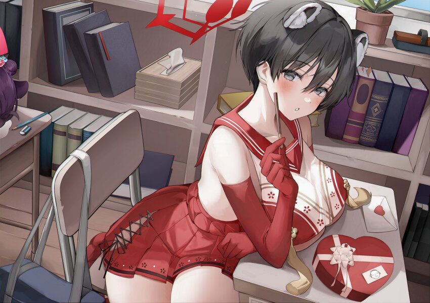 2girls absurdres animal_ear_fluff animal_ears bag black_hair blue_archive blush book bookshelf bow bow_panties box breast_curtain breast_rest breasts breasts_on_table commentary cross-laced_clothes cross-laced_skirt desk doodle_sensei_(blue_archive) dutch_angle envelope food gift gift_box grey_eyes halo hashtag-only_commentary heart heart-shaped_box highres hiki_momoco holding holding_food holding_pocky indoors kaede_(blue_archive) large_breasts looking_at_viewer multiple_girls panties pleated_skirt pocky raccoon_ears red_halo red_skirt rope school_bag school_desk sensei_(blue_archive) shimenawa short_hair skirt solo_focus symbol-only_commentary tsubaki_(blue_archive) underboob underwear valentine