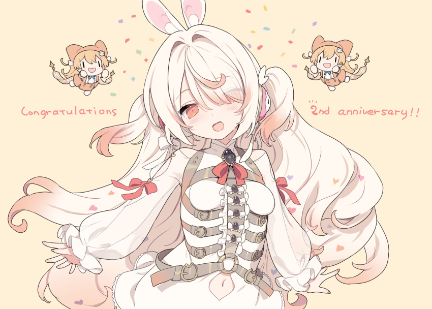 2girls :d animal_ear_fluff animal_ears anniversary blade_(galaxist) blush breasts brown_background brown_eyes brown_hair clothing_cutout commentary_request congratulations dress eyes_visible_through_hair floating_hair gradient_hair hair_intakes hair_over_one_eye head_tilt highres indie_virtual_youtuber long_hair long_sleeves looking_at_viewer multicolored_hair multiple_girls navel navel_cutout open_mouth puffy_long_sleeves puffy_sleeves rabbit_ears simple_background sleeves_past_wrists small_breasts smile sonobe_maya two_side_up very_long_hair white_dress white_hair yamata_(lllwolll)