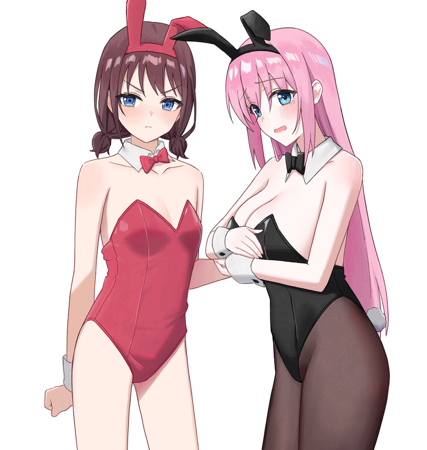 a.l_(dpdldpf) animal_ears black_bow black_bowtie black_pantyhose blue_eyes blush bocchi_the_rock! bow bowtie detached_collar girls_band_cry gotoh_hitori highres iseri_nina leotard nose_blush pantyhose playboy_bunny rabbit_ears rabbit_tail red_bow red_bowtie strapless strapless_leotard tagme tail tearing_up wrist_cuffs