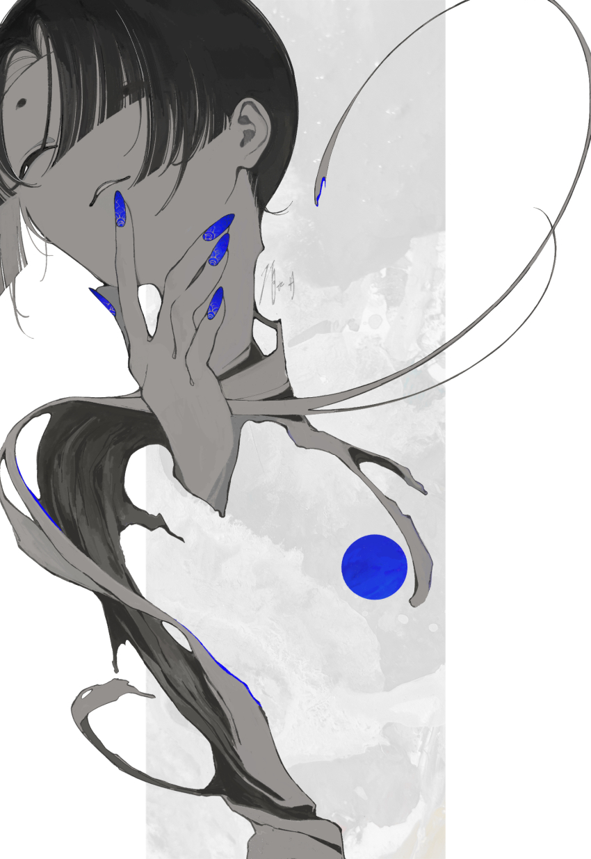 1boy blue_nails blunt_ends commentary greyscale hair_over_one_eye hand_on_own_chin hand_up highres male_focus monochrome nail_art nail_polish original parted_bangs parted_lips seigaiha shimizu_en_(shimizuen3310) signature solo spot_color