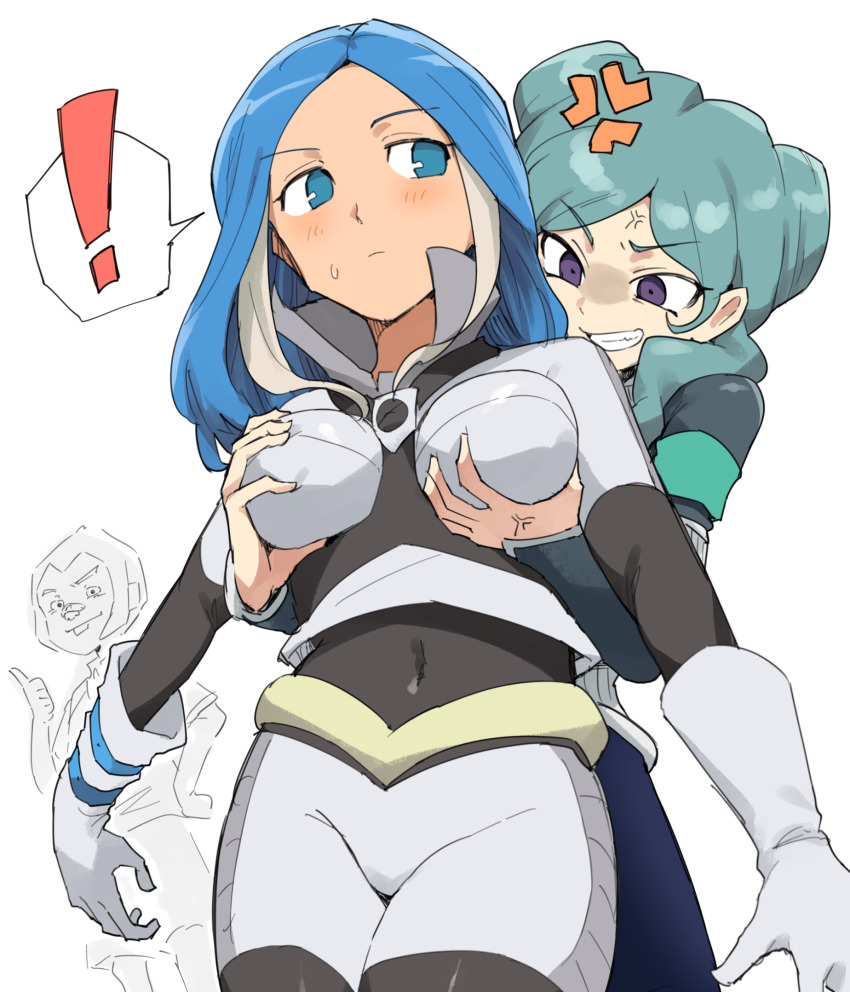 ! 1boy 2girls angry aqua_hair beta_(inazuma_eleven) blue_eyes blue_hair bodysuit breast_envy breasts commentary double_bun grabbing_another&#039;s_breast grabbing_from_behind grey_bodysuit groping hair_bun highres inazuma_eleven inazuma_eleven_(series) inazuma_eleven_go inazuma_eleven_go_chrono_stone inazuma_eleven_victory_road kurimatsu_teppei large_breasts light_blush long_hair looking_at_another multicolored_hair multiple_girls protocol_omega purple_eyes simple_background smile spoken_exclamation_mark the_genesis toriyarou two-tone_hair urubida white_background white_hair