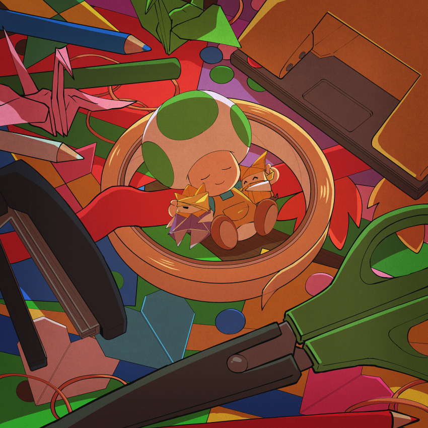 1girl 2boys ^_^ apron blonde_hair blue_shirt brown_apron closed_eyes closed_mouth colored_pencil colored_pencils_(paper_mario) hair_over_one_eye highres hole_punch_(paper_mario) hole_puncher king_olly lying mario_(series) multiple_boys nintendo olivia_(paper_mario) omochiutyu on_back one_eye_covered origami origami_craftsman paper paper_airplane paper_crane paper_mario paper_mario:_the_origami_king pencil red_ribbon ribbon scissors scissors_(paper_mario) shirt smile stapler stapler_(paper_mario) tape tape_(paper_mario) u_u