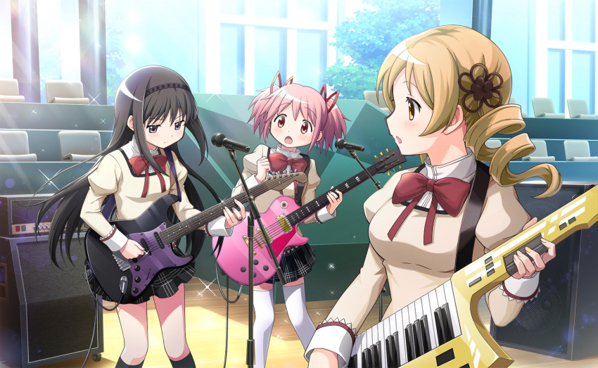 3girls :o akemi_homura artist_request black_hair black_hairband black_skirt black_socks blonde_hair bow bowtie clenched_hand closed_mouth collared_shirt cowboy_shot day determined drill_hair electric_guitar eyelashes feet_out_of_frame floating_hair flower_hairpin game_cg guitar hair_ribbon hairband high_collar highres instrument jitome juliet_sleeves kaname_madoka keyboard_(instrument) kneehighs knees lace-trimmed_shorts lace-trimmed_sleeves lace_trim light_blush light_frown light_particles long_hair long_sleeves looking_at_another mahou_shoujo_madoka_magica mahou_shoujo_madoka_magica_magia_exedra microphone microphone_stand miniskirt mitakihara_school_uniform multiple_girls official_art open_mouth outdoors pink_eyes pink_hair plaid_clothes plaid_skirt playing_guitar pleated_skirt pointy_nose puffy_sleeves purple_eyes red_bow red_bowtie red_eyes ribbon school school_uniform shirt short_hair short_twintails sidelocks skirt socks sparkle stage standing stereo studded_hairband surprised tareme thighhighs tomoe_mami tree twin_drills twintails v-shaped_eyebrows very_long_hair white_sleeve_cuffs white_thighhighs yellow_eyes yellow_shirt zettai_ryouiki