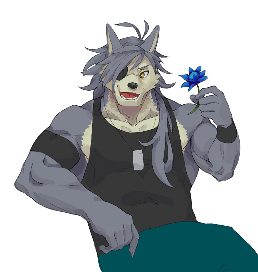 1boy absurdres alexyz_kun animal_ears armband bara biceps black_tank_top collarbone commentary dog_boy dog_ears dog_nose dog_tags english_commentary fangs flower furry furry_male green_pants grey_fur grey_hair highres holding holding_flower jewelry kouya_aotsuki looking_to_the_side male_focus morenatsu muscular muscular_male necklace open_mouth pants sitting smile tank_top white_background wristband