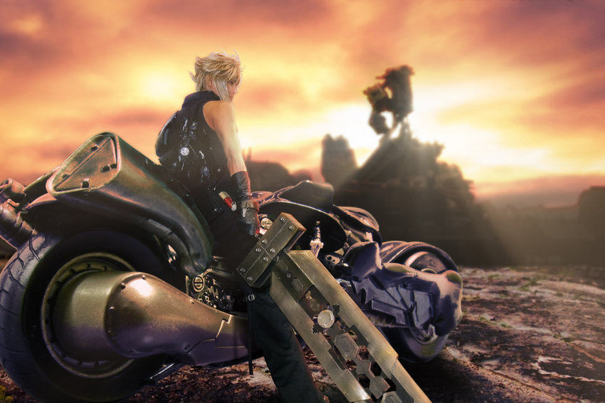 1boy asymmetrical_sleeves bare_shoulders black_gloves black_pants black_shirt blonde_hair blurry canyon cliff cloud_strife cloud_strife_(cosplay) commentary cosplay_photo depth_of_field final_fantasy final_fantasy_vii final_fantasy_vii_advent_children foot_out_of_frame fusion_swords gloves hardy-daytona holding holding_sword holding_weapon huge_weapon kanon_ff_kh looking_back male_focus motor_vehicle motorcycle muscular muscular_male official_alternate_costume outdoors pants photo_(medium) real_life shirt solo spiked_hair square_enix sunlight sunset sweater sword turtleneck turtleneck_sweater weapon