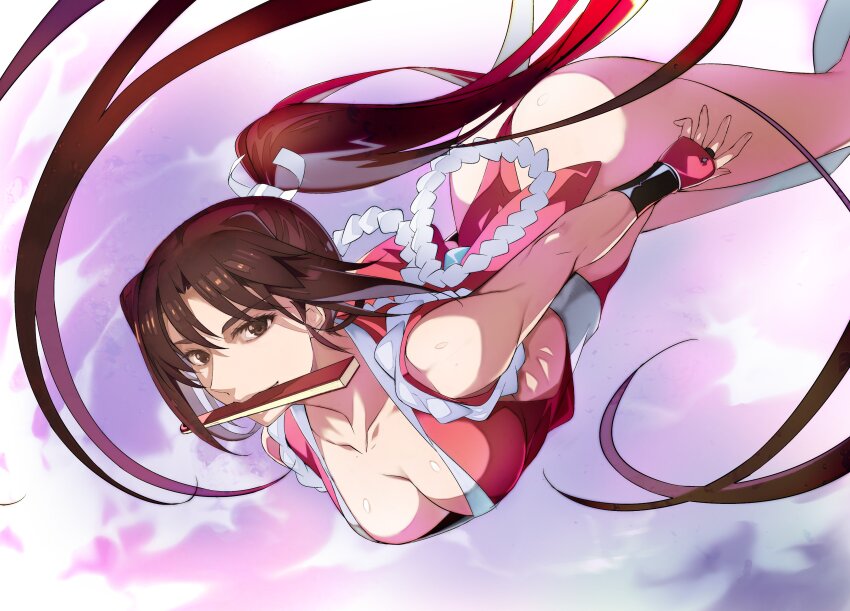 1girl absurdres ass bad_tag biting breasts brown_eyes brown_hair cleavage crossover fatal_fury female_focus hand_fan high_ponytail highres large_breasts long_hair looking_at_viewer matching_hair/eyes miyo_(13th_floor) mouth_hold ninja ponytail shiranui_mai snk solo street_fighter street_fighter_6 the_king_of_fighters thighs
