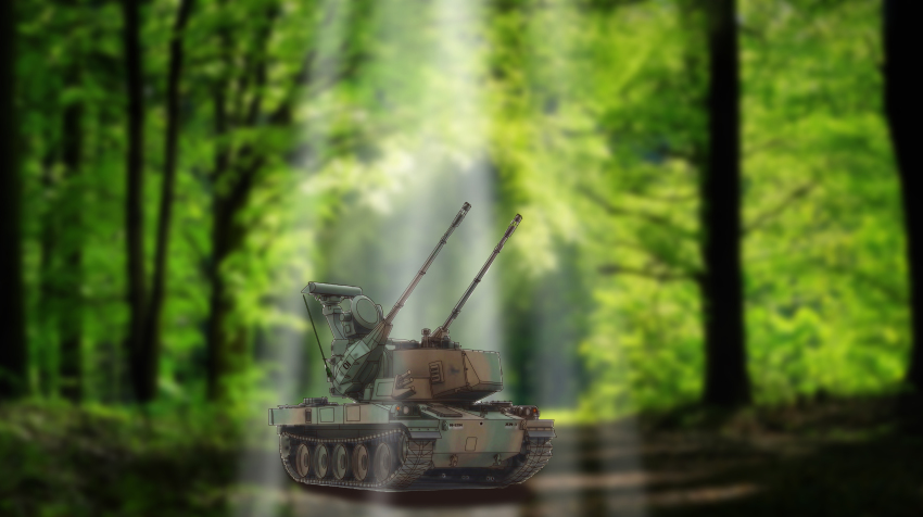 absurdres anti-aircraft anti-aircraft_gun autocannon cannon caterpillar_tracks forest highres japan_ground_self-defense_force japan_self-defense_force military military_vehicle motor_vehicle nature no_humans oerlikon_gdf oerlikon_gdf_35_mm_twin_cannon original self-propelled_anti-aircraft-gun self-propelled_anti-aircraft_weapon self-propelled_gun soranokakera01 sunlight tank turret type_87_self-propelled_anti_aircraft_gun vehicle_focus