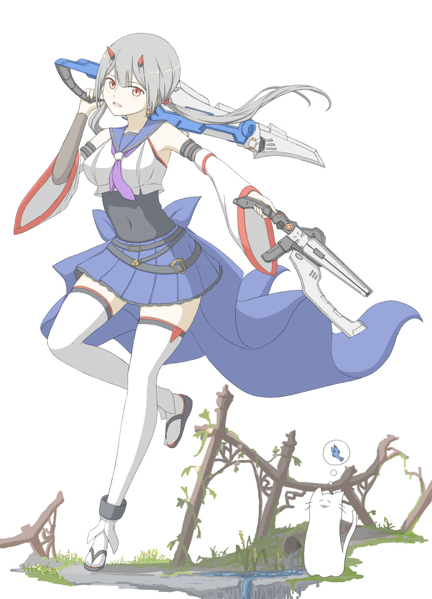 1girl absurdres animal assault_lily bare_shoulders belt black_belt black_shirt blue_sailor_collar blunt_bangs breasts broken cat commentary covered_navel crop_top detached_sleeves dual_wielding fang fence fish floating_hair flower fujita_asagao grey_hair hands_up highres holding holding_weapon horns layered_sleeves leg_up light_blush light_smile long_hair long_sleeves looking_at_viewer low_twintails mechanical_horns medium_breasts miniskirt multiple_belts neckerchief odaiba_girls_high_school_uniform outstretched_arms overgrown parted_lips pleated_skirt purple_neckerchief red_eyes red_horns sailor_collar sandals school_uniform serafuku shirt simple_background skirt sleeveless sleeveless_shirt solo speech_bubble standing standing_on_one_leg tabi thighhighs thought_bubble tsukimizake twintails undershirt waist_cape water weapon white_background white_thighhighs wide_sleeves yellow_flower zettai_ryouiki zouri