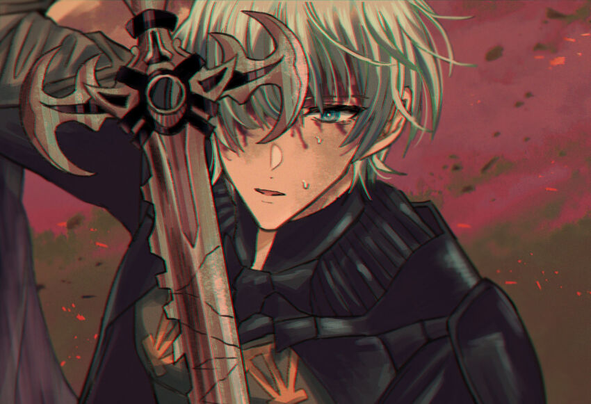1boy armor black_armor black_cape blood blood_on_face male_byleth_(enlightened)_(fire_emblem) male_byleth_(fire_emblem) cape commentary_request debris fire_emblem fire_emblem:_three_houses gorget green_eyes green_hair hair_behind_ear highres kusodekablack looking_ahead male_focus nintendo ornate_weapon parted_lips solo sword sword_of_the_creator upper_body weapon