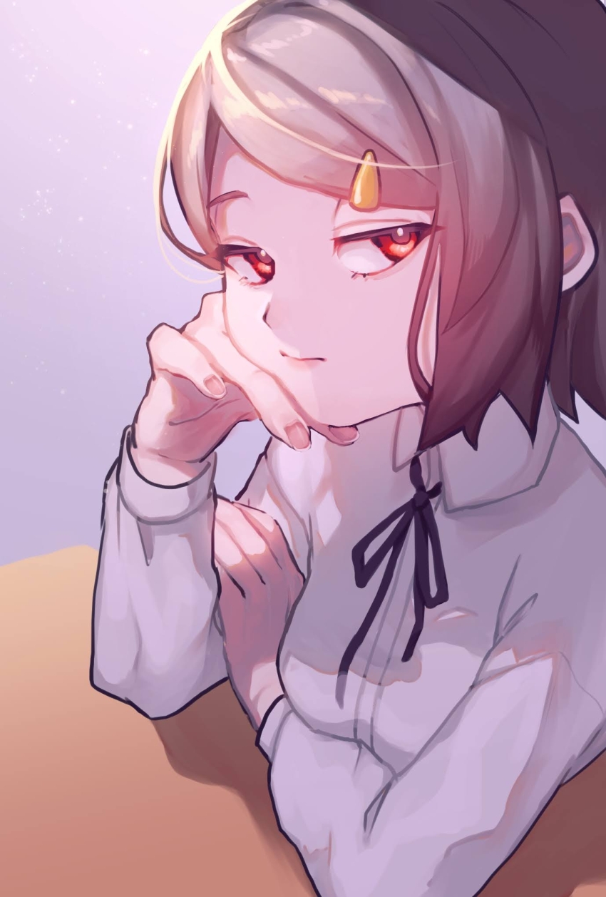 1girl brown_hair elbows_on_table hair_ornament hairclip hand_on_own_arm head_rest highres ichimura_shiho indoors long_sleeves looking_at_viewer medium_hair milime_tol odd_taxi red_eyes shirt simple_background solo white_shirt