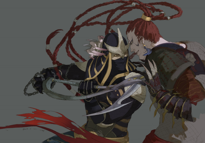 2boys armor colored_skin dreadlocks fingernails fishnet_top fishnets fuuma_kotarou gauntlet grey_skin hattori_hanzo long_hair male_focus mask multiple_boys muscular muscular_male ninja red_hair scythe sengoku_musou weapon