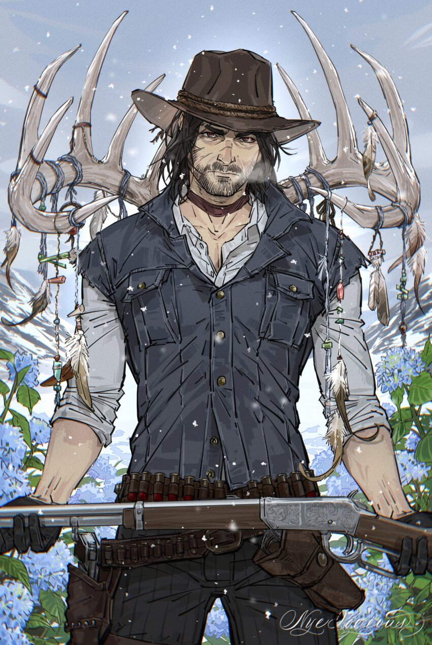 1boy absurdres ammunition_belt antlers beard black_hair blue_flower choker closed_mouth connected_beard cowboy cowboy_hat cowboy_western facial_hair feathers flower flower_request grey_shirt gun handgun hat highres holding holding_gun holding_weapon holster horns john_marston male_focus nyeigneous red_dead_redemption_(series) red_dead_redemption_2 red_pupils rifle scar scar_on_face scar_on_mouth scar_on_nose shirt snowing solo thick_eyebrows weapon western winter