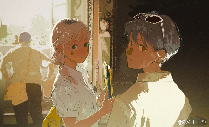 1boy 1girl ami_(fusheng_yi_xi) bag blonde_hair blue_eyes book braid eyewear_on_head from_behind from_side fusheng_yi_xi grey_hair highres holding holding_book looking_at_viewer looking_back markings_on_cheeks mia_(fusheng_yi_xi) sheya_tin shirt watermark weibo_username weibo_watermark white_shirt