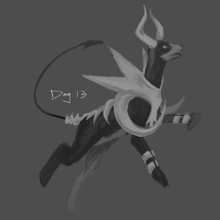 animal_focus bone english_text full_body gen_2_pokemon grey_background grey_theme greyscale highres houndoom mega_houndoom mega_pokemon monochrome nintendo no_humans open_mouth pokemon pokemon_(creature) simple_background solo yug_(yu_g)