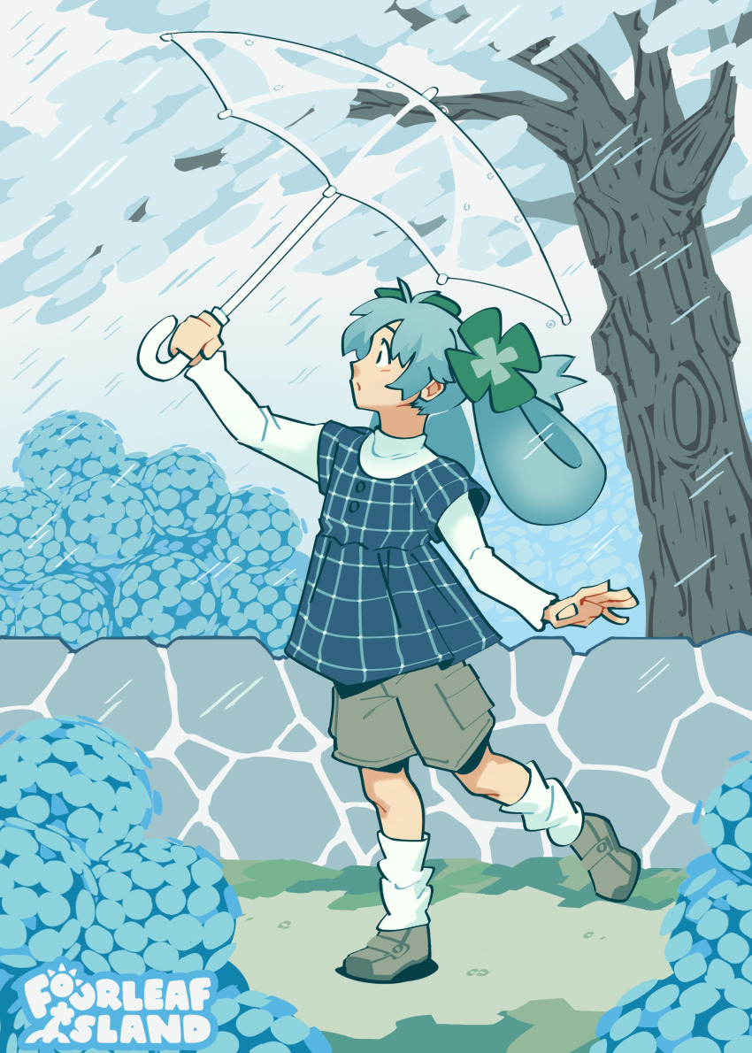 1girl absurdres aqua_hair artist_logo artist_name blue_eyes brown_shoes brown_shorts cargo_shorts clover_hair_ornament commentary dress english_commentary flower four-leaf_clover_hair_ornament fourleafisland full_body hair_ornament hair_rings hatsune_miku highres holding holding_umbrella hydrangea logo long_sleeves looking_to_the_side outdoors parted_lips plaid_clothes plaid_dress profile rain shirt shoes shorts socks solo stone_wall transparent transparent_umbrella tree twintails umbrella vocaloid white_shirt white_socks