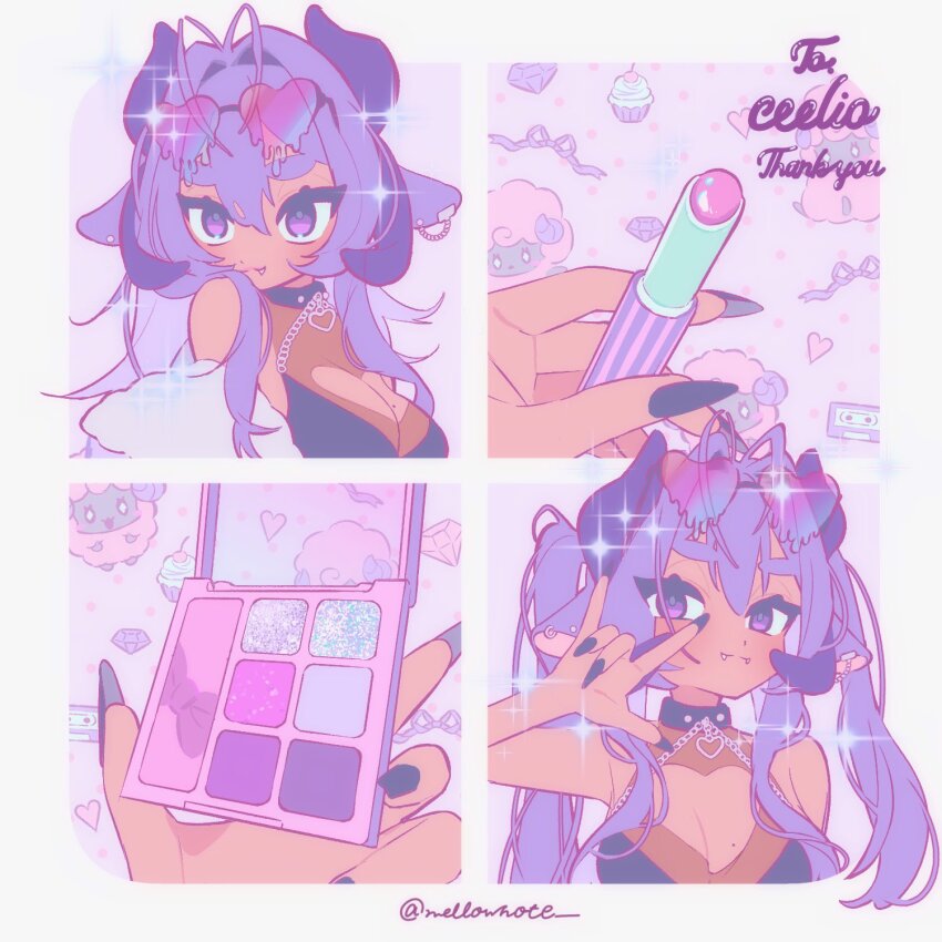 1girl animal animal_ears breasts cassette_player chain cherry cleavage collar commission cosmetics cupcake dark-skinned_female dark_skin diamond_(shape) eyelashes eyewear_on_head fang fang_out fingernails food fruit hair_between_eyes hair_intakes hair_over_shoulder heart heart-shaped_eyewear highres holding holding_lipstick_tube horns lipstick lipstick_tube looking_at_viewer makeup medium_breasts mellownote mole mole_on_breast multiple_views nail_polish original polka_dot purple_eyes purple_hair purple_ribbon ribbon rouge_(makeup) see-through_cleavage see-through_clothes sheep sheep_girl sheep_horns skeb_commission sparkle sunglasses twitter_username upper_body