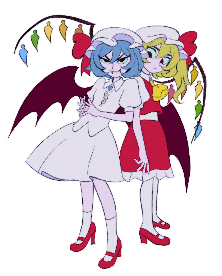2girls bat_wings blonde_hair blue_brooch blue_hair closed_mouth collared_shirt commentary english_commentary fangs fangs_out flandre_scarlet flandrepudding frilled_skirt frills frown full_body hair_between_eyes high_heels highres looking_at_another looking_at_viewer mary_janes medium_hair multicolored_wings multiple_girls one_side_up puffy_short_sleeves puffy_sleeves red_eyes red_footwear red_skirt red_vest remilia_scarlet shirt shoes short_sleeves shoulder-to-shoulder siblings simple_background sisters skirt socks standing touhou v-shaped_eyebrows vest white_background white_headwear white_shirt white_skirt white_socks wings